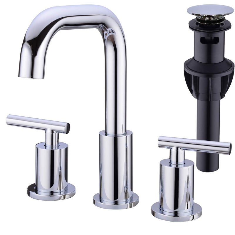 TRUSTMI 2-Handle 8 Inch Widespread Bathroom Sink Faucet High Arc Brass 3 Holes Vanity Faucet with cUPC Water Supply Hoses, Overflow Pop Up Drain Included, Chrome - Image 1